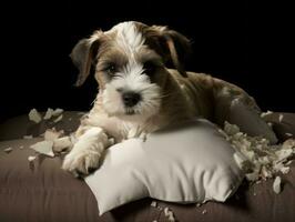 perro con un dañoso expresión rodeado por roto almohadas ai generativo foto