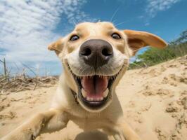 contento perro jugando en el playa ai generativo foto