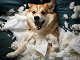 Dog with a mischievous expression surrounded by torn-up pillows AI Generative photo