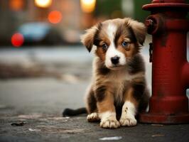 Cute puppy sitting by a fire hydrant AI Generative photo