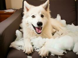 Dog with a mischievous expression surrounded by torn-up pillows AI Generative photo