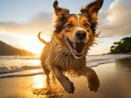Happy dog playing on the beach AI Generative photo