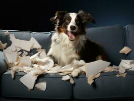 Dog with a mischievous expression surrounded by torn-up pillows AI Generative photo