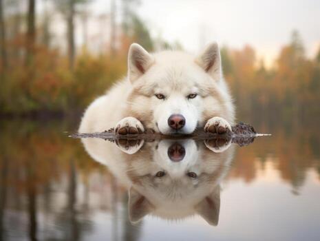 Dog and its reflection in a calm pond AI Generative photo