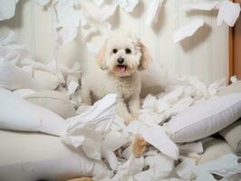 Dog with a mischievous expression surrounded by torn-up pillows AI Generative photo