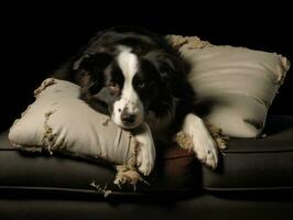 Dog with a mischievous expression surrounded by torn-up pillows AI Generative photo