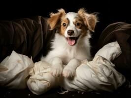 Dog with a mischievous expression surrounded by torn-up pillows AI Generative photo