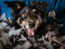 Dog with a mischievous expression surrounded by torn-up pillows AI Generative photo