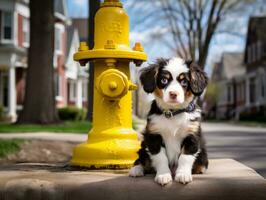 Cute puppy sitting by a fire hydrant AI Generative photo