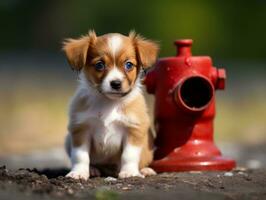 Cute puppy sitting by a fire hydrant AI Generative photo