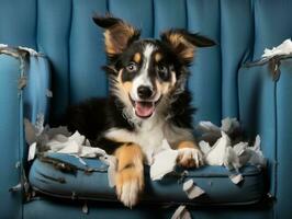 Dog with a mischievous expression surrounded by torn-up pillows AI Generative photo