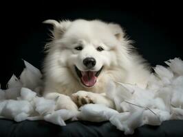 Dog with a mischievous expression surrounded by torn-up pillows AI Generative photo