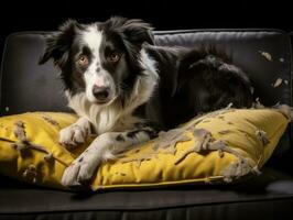 Dog with a mischievous expression surrounded by torn-up pillows AI Generative photo