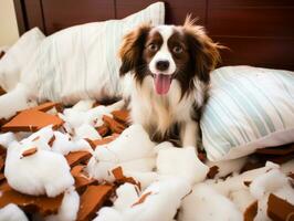 Dog with a mischievous expression surrounded by torn-up pillows AI Generative photo