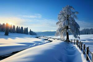 Natures wintry charm a scenic view of snow covered, majestic trees AI Generated photo