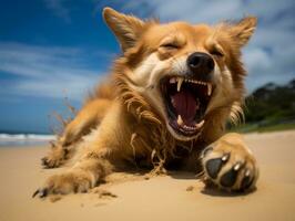 contento perro jugando en el playa ai generativo foto