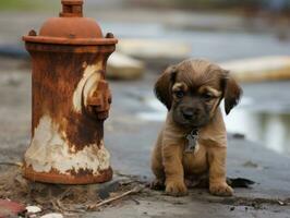 Cute puppy sitting by a fire hydrant AI Generative photo