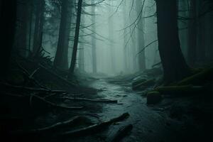 In the wilderness, a sinister forest harbors mystery and horror AI Generated photo