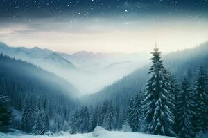 In Ukraines Carpathian mountains, countless fir trees grace the wintery landscape AI Generated photo