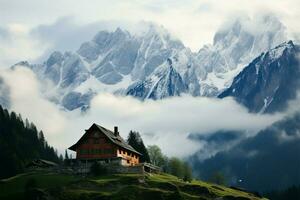 Mystical Dachstein emerges through mist, with charming alpine houses AI Generated photo