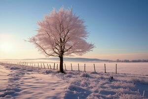 In a picturesque winter landscape, a lone tree stands with grace AI Generated photo