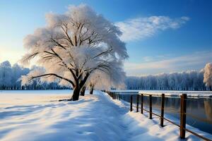 Natures wintry charm a scenic view of snow covered, majestic trees AI Generated photo