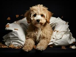 Dog with a mischievous expression surrounded by torn-up pillows AI Generative photo