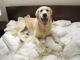 Dog with a mischievous expression surrounded by torn-up pillows AI Generative photo