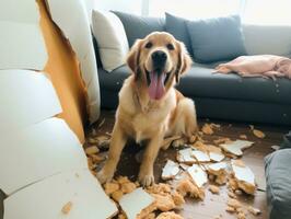 Dog with a mischievous expression surrounded by torn-up pillows AI Generative photo
