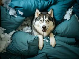 Dog with a mischievous expression surrounded by torn-up pillows AI Generative photo