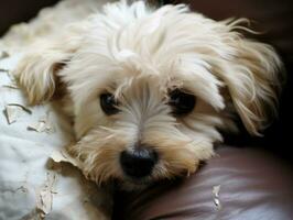 Dog with a mischievous expression surrounded by torn-up pillows AI Generative photo