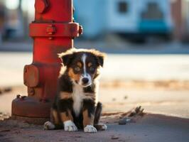 Cute puppy sitting by a fire hydrant AI Generative photo