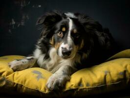 Dog with a mischievous expression surrounded by torn-up pillows AI Generative photo