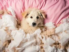 Dog with a mischievous expression surrounded by torn-up pillows AI Generative photo