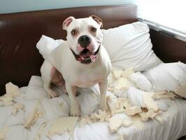 Dog with a mischievous expression surrounded by torn-up pillows AI Generative photo