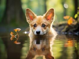 perro y sus reflexión en un calma estanque ai generativo foto