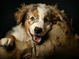 Dog with a mischievous expression surrounded by torn-up pillows AI Generative photo