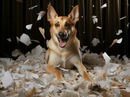 Dog with a mischievous expression surrounded by torn-up pillows AI Generative photo