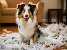 Dog with a mischievous expression surrounded by torn-up pillows AI Generative photo