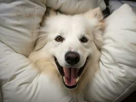 perro con un dañoso expresión rodeado por roto almohadas ai generativo foto