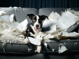 Dog with a mischievous expression surrounded by torn-up pillows AI Generative photo