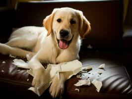 Dog with a mischievous expression surrounded by torn-up pillows AI Generative photo