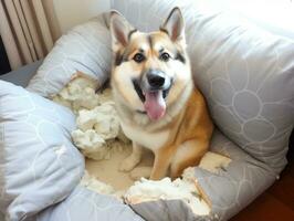 Dog with a mischievous expression surrounded by torn-up pillows AI Generative photo