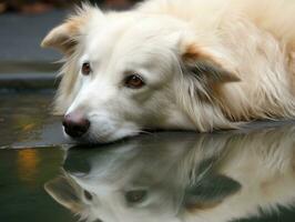 Dog and its reflection in a calm pond AI Generative photo