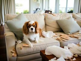 Dog with a mischievous expression surrounded by torn-up pillows AI Generative photo