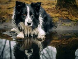 Dog and its reflection in a calm pond AI Generative photo