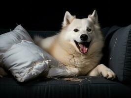 Dog with a mischievous expression surrounded by torn-up pillows AI Generative photo