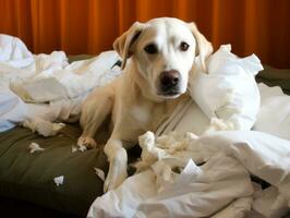 Dog with a mischievous expression surrounded by torn-up pillows AI Generative photo