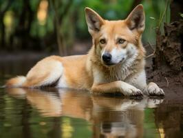 Dog and its reflection in a calm pond AI Generative photo