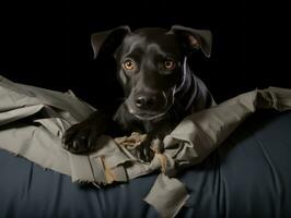 Dog with a mischievous expression surrounded by torn-up pillows AI Generative photo